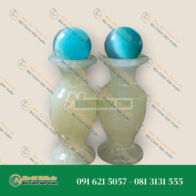 Bộ combo cặp Lục Bình Lọ Hoa đá ngọc onyx kết hợp quả cầu đá mắt mèo xanh dương phong thủy