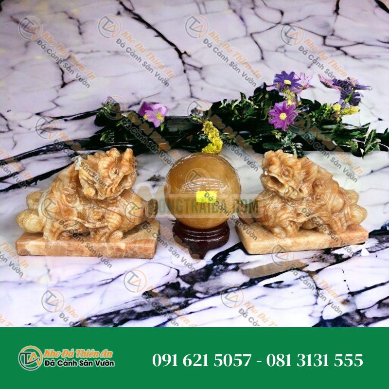 Bộ combo Tỳ Hưu đá cẩm thạch vân gỗ và quả cầu đá thạch anh vàng phong thủy