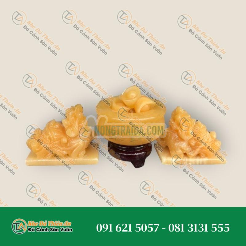 Bộ combo Tỳ Hưu dài 10cm và Bát tụ bảo, bát tụ tài, bát tụ lộc, bát vàng phong thủy đường kính 10cm chiêu nạp tài lộc đá ngọc hoàng long