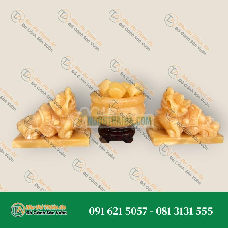 Bộ combo Tỳ Hưu dài 12cm và Bát tụ bảo, bát tụ tài, bát tụ lộc, bát vàng phong thủy đường kính 10cm chiêu nạp tài lộc