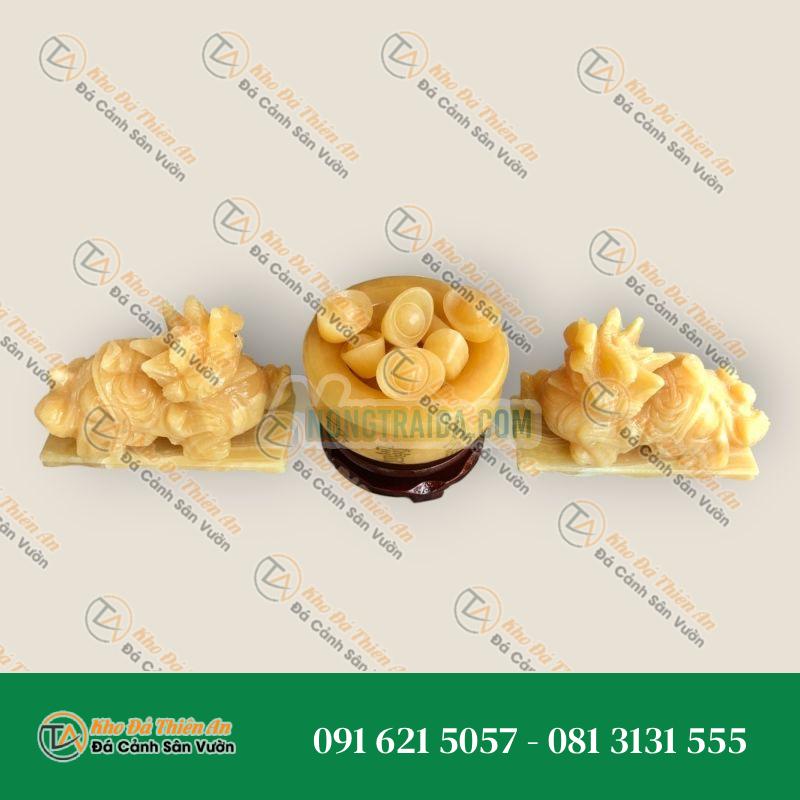 Bộ combo Tỳ Hưu dài 15cm và Bát tụ bảo, bát tụ tài, bát tụ lộc, bát vàng phong thủy đường kính 12cm, chiêu nạp tài lộc