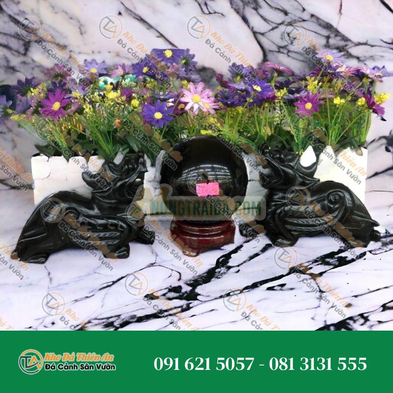 Bộ combo Tỳ Hưu dài 15cm và Quả cầu phong thuỷ nặng 1,23 kg đá thạch anh đen hợp mệnh Thủy – Mộc