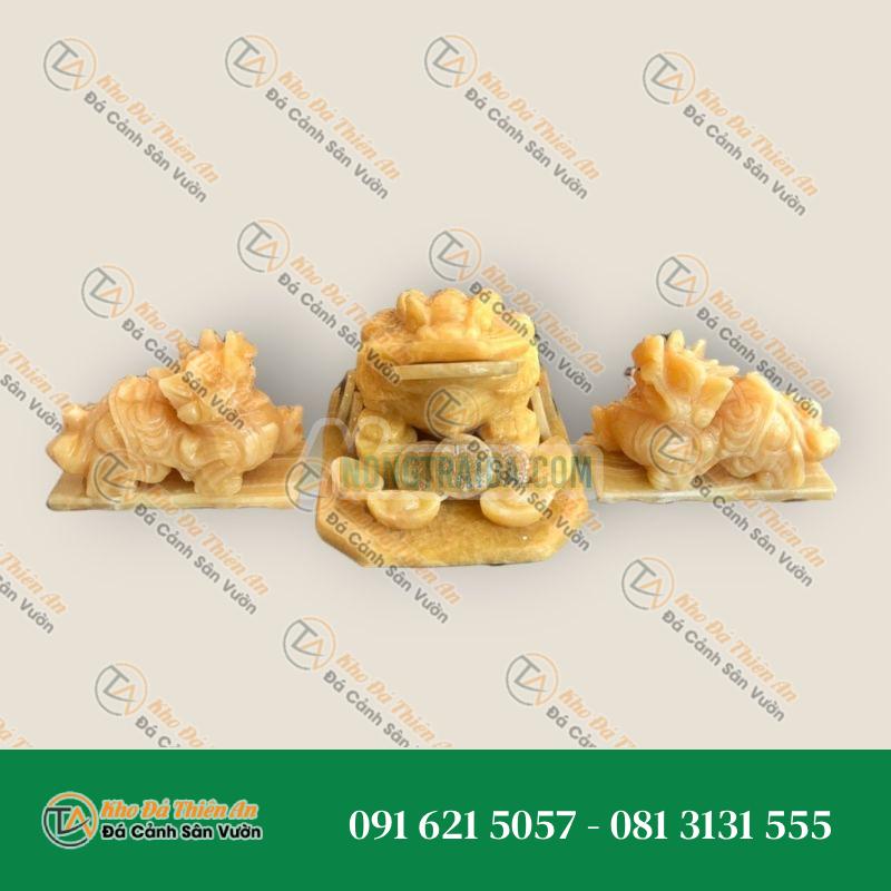 Bộ combo Tỳ Hưu dài 15cm và Tượng Cóc Ba Chân, Cóc Ngậm Tiền, Thiềm Thừ phong thủy dài 20cm đá ngọc hoàng long trang trí bàn thờ thần tài thổ địa hợp mệnh Thổ – Kim