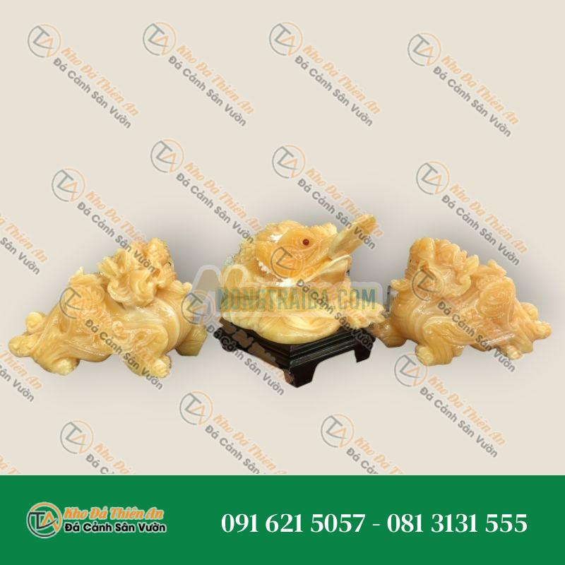 Bộ combo Tỳ Hưu dài 20cm và Tượng Cóc Ba Chân, Cóc Ngậm Tiền, Thiềm Thừ phong thủy dài 15cm chiêu nạp tài lộc đá ngọc hoàng long trang trí bàn thờ thần tài thổ địa
