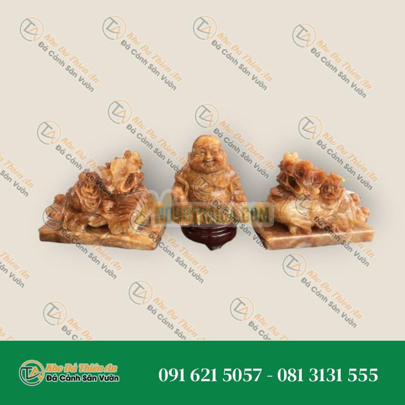 Bộ combo Tỳ Hưu phong thủy và Tượng Di Lặc chiêu nạp tài lộc đá cẩm thạch vân gỗ hợp mệnh Thổ – Kim