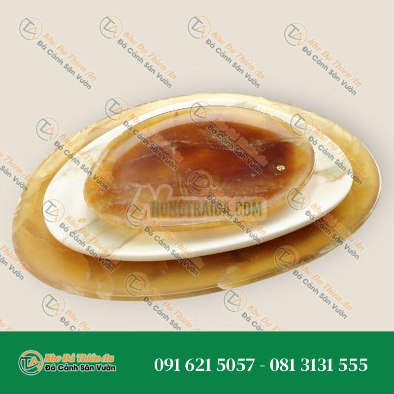 Bộ đĩa bày bằng đá cẩm thạch Onyx vàng và Calacatta trắng, chạm khắc thủ công Italy