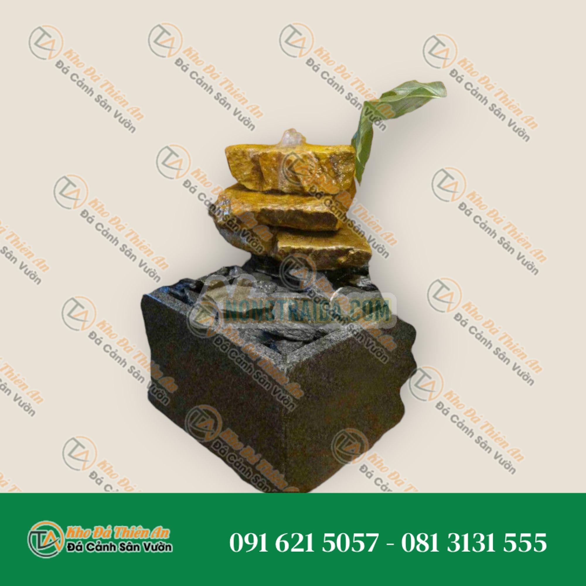 Bộ phun nước trong nhà Thác đá sa thạch be 3 mảnh trong bể granit vuông