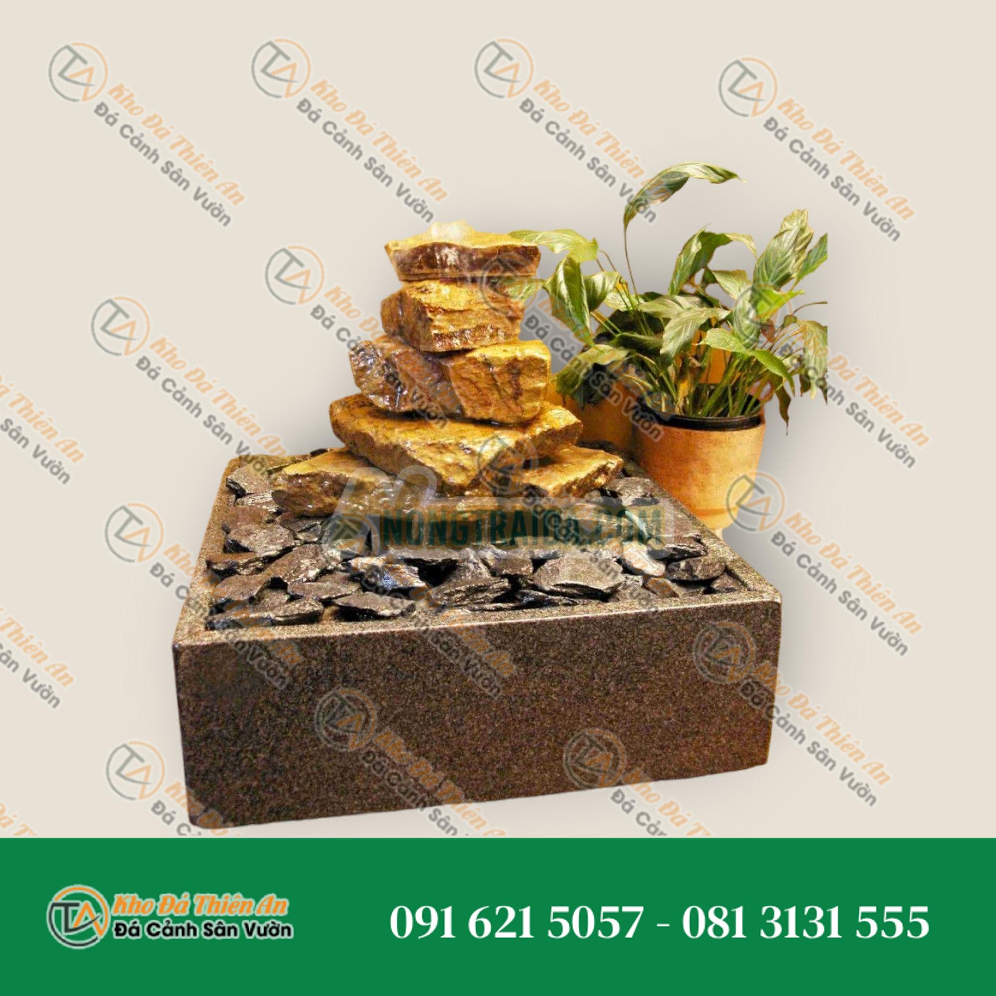 Bộ phun nước trong nhà Thác đá sa thạch be 5 mảnh trong bể granit vuông
