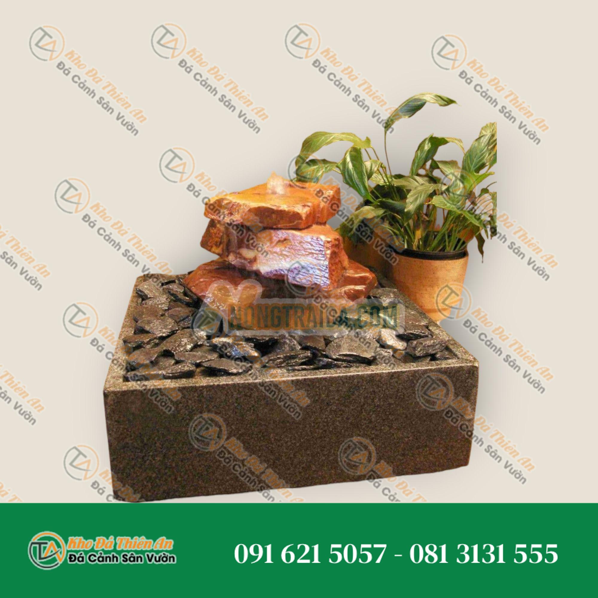 Bộ phun nước trong nhà Thác đá sa thạch đỏ 3 mảnh trong bể granit vuông