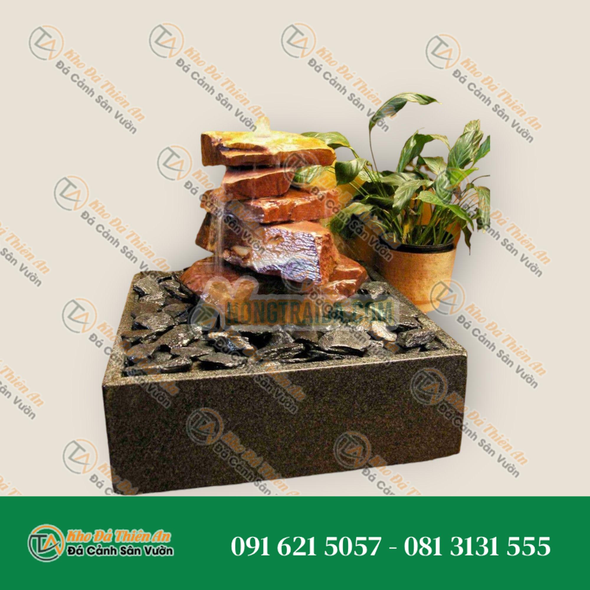 Bộ phun nước trong nhà Thác đá sa thạch đỏ 5 mảnh trong bể granit vuông