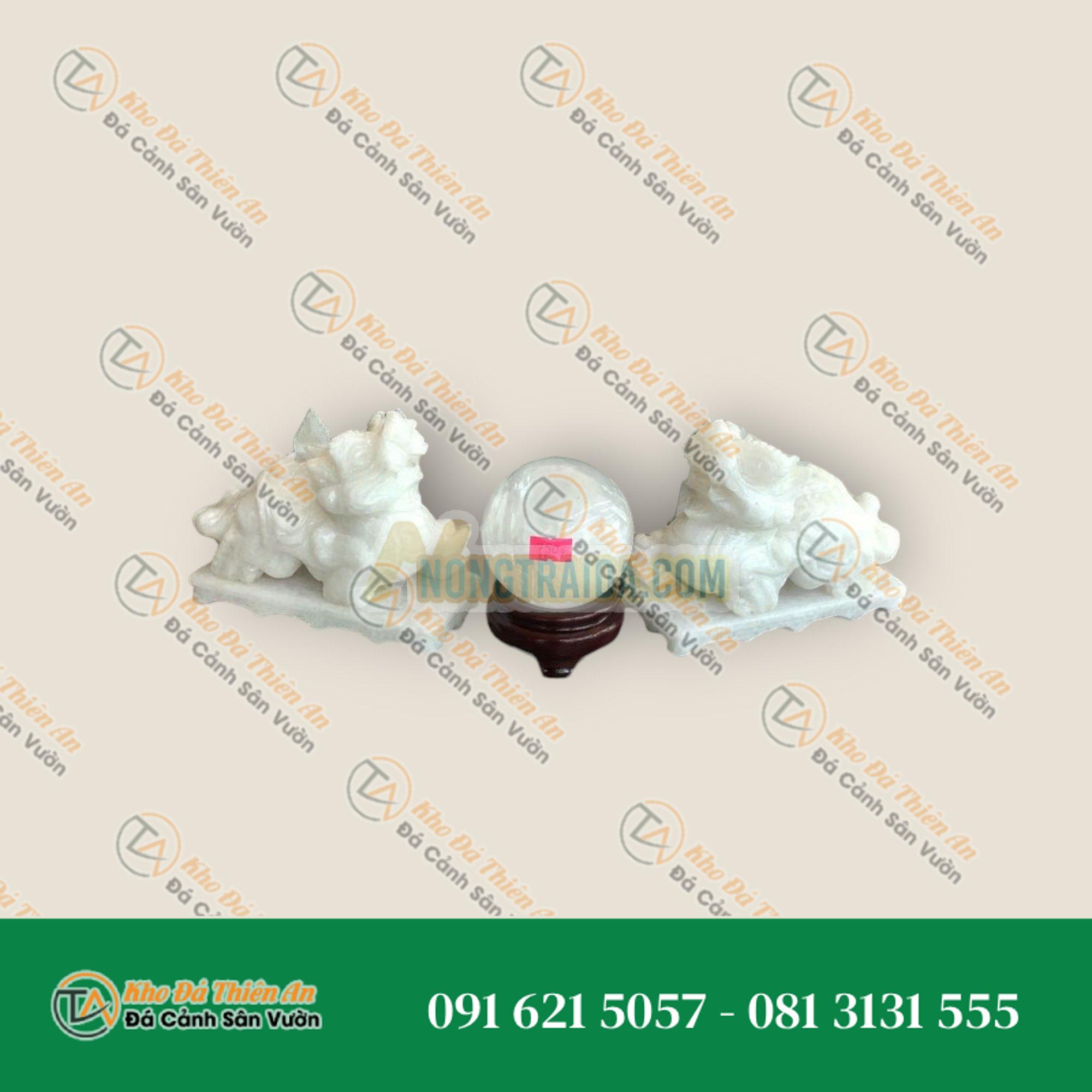 Bộ sản combo Tỳ hưu đá ngọc cẩm thạch trắng dài 15cm và quả cầu đá thạch anh trắng phong thủy đường kính 7,9cm mệnh Thủy – Kim