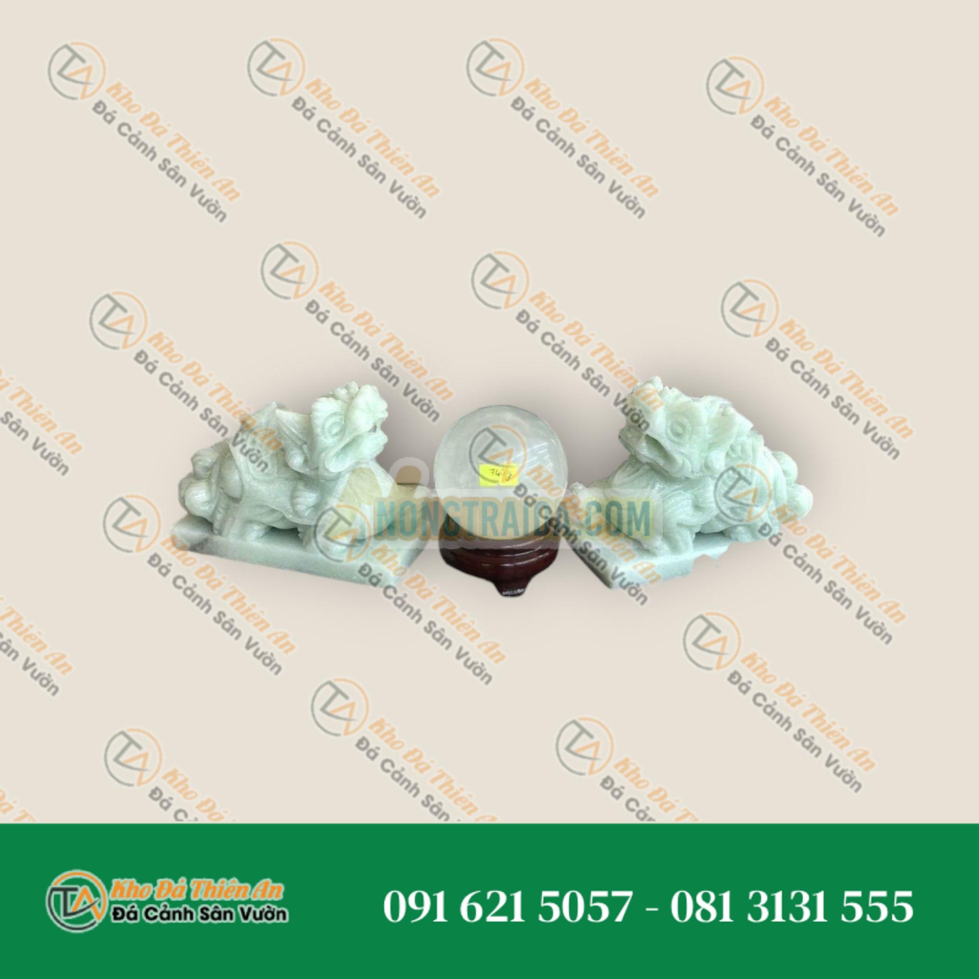 Bộ sản phẩm combo Tỳ hưu đá ngọc cẩm thạch trắng xanh và quả cầu đá thạch anh trắng phong thủy mệnh Thủy – Kim