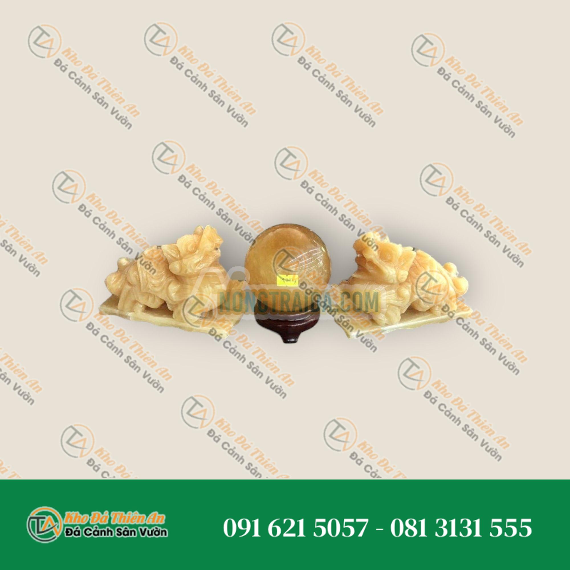 Bộ sản phẩm combo Tỳ Hưu đá ngọc hoàng long và quả cầu đá thạch anh vàng phong thủy hợp mệnh Thổ – Kim