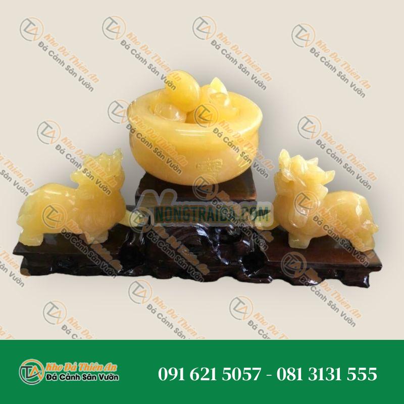Bộ sản phẩm combo Tỳ Hưu dài 10cm, và bát tụ bảo đường kính 10cm, phong thủy đá thạch anh vàng