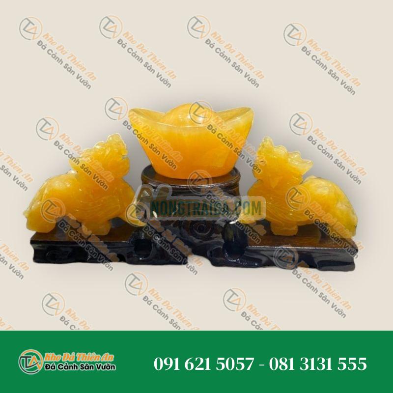 Bộ sản phẩm combo Tỳ Hưu và Thỏi Vàng Thần Tài Kim Nguyên Bảo phong thủy đá thạch anh vàng