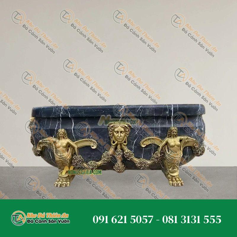 Bồn tắm đá cẩm thạch đen tia sét điêu khắc bệ chân đúc đồng nguyên khối
