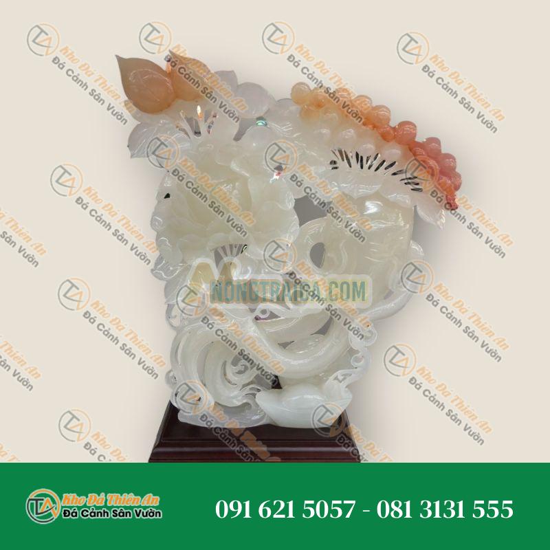 Bức tranh phù điêu hoa mẫu đơn và củ nhân sâm phong thủy đá ngọc vân đỏ trang trí phòng khách và bàn làm việc