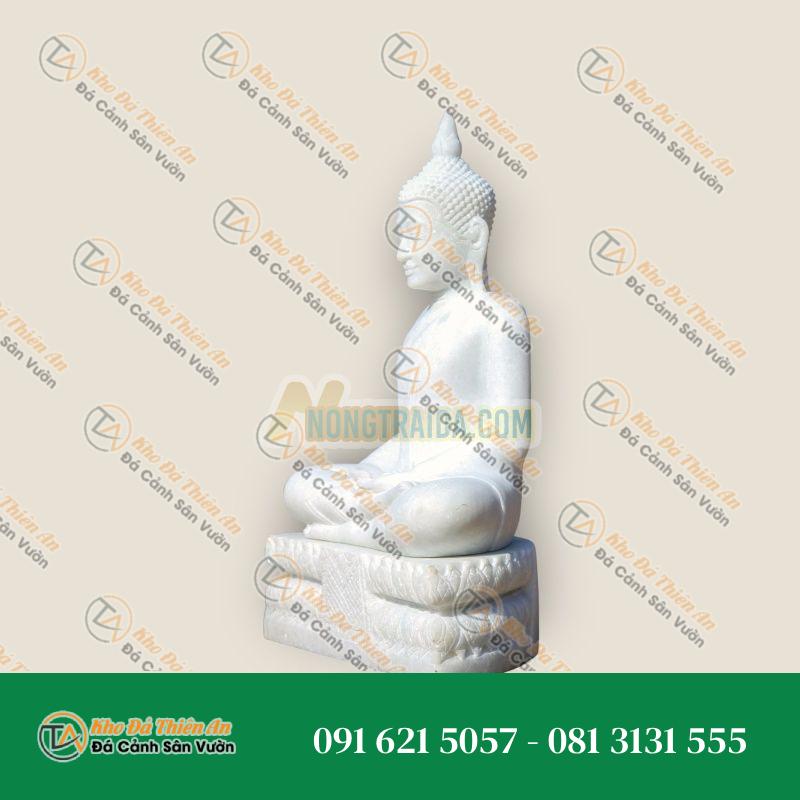 Bức tượng Phật ngồi bằng đá trắng Campuchia thanh bình, phù hợp cho vườn nhà 45cm