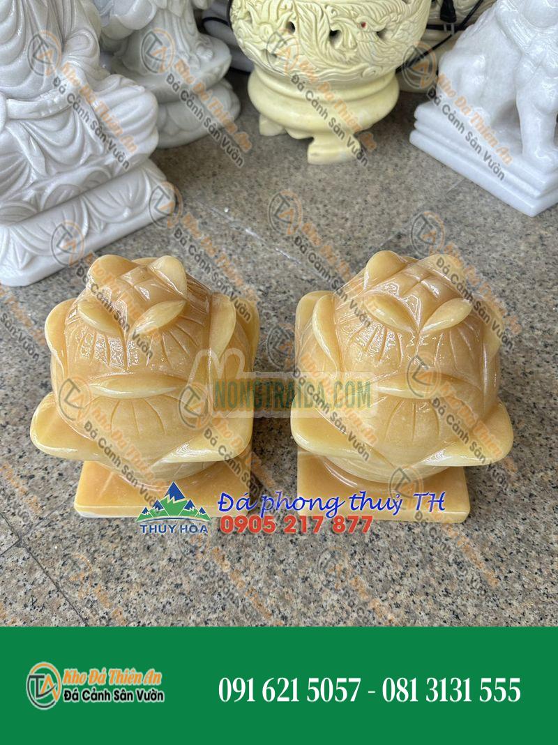Cặp búp sen chạm cánh sen đá ngọc hoàng long đế vuông trang trí mộ, đền thờ – Cao 20cm