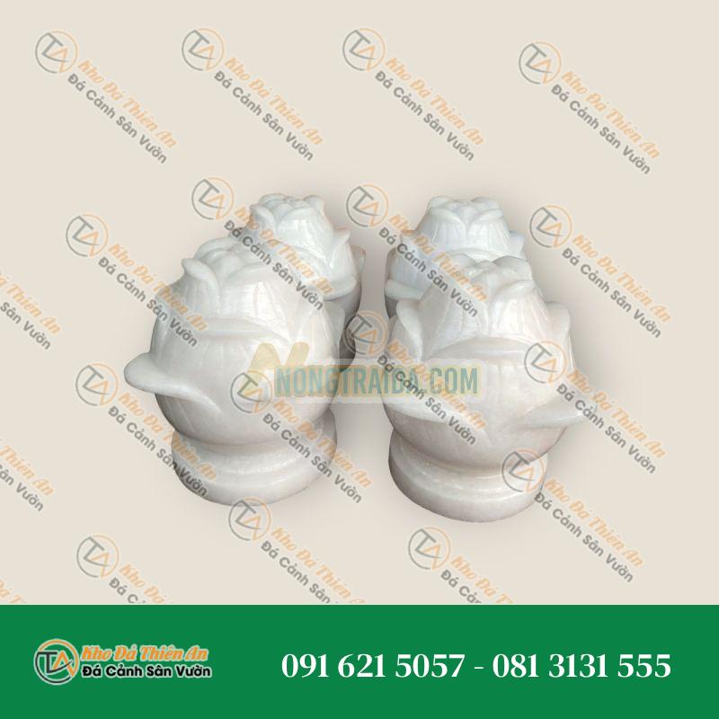 Cặp búp sen đá trang trí đá cẩm thạch trắng đế tròn trang trí mộ, đền thờ – Cao 22cm