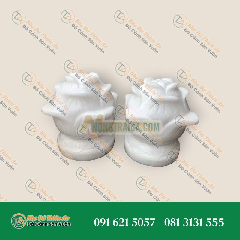 Cặp búp sen đá trang trí đá cẩm thạch trắng đế tròn trang trí mộ, đền thờ – Cao 30cm