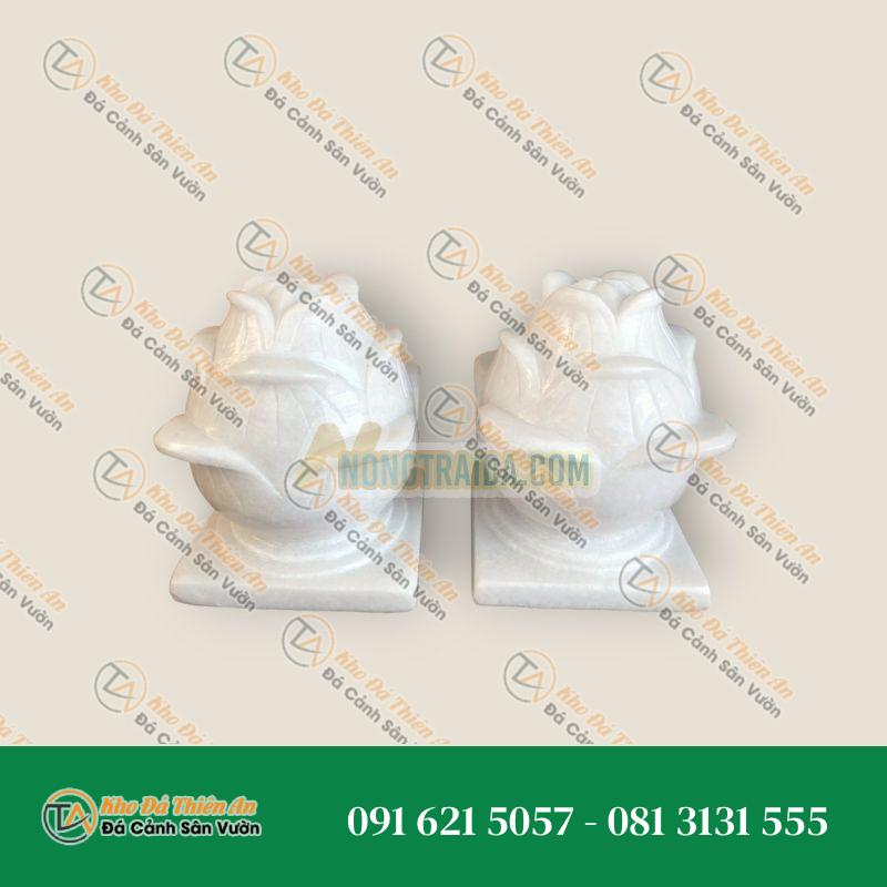 Cặp búp sen đá trang trí đá cẩm thạch trắng đế vuông – Cao 25cm