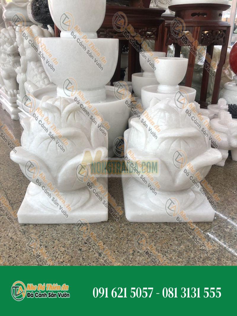 Cặp búp sen đá trang trí đá cẩm thạch trắng đế vuông – Cao 30cm