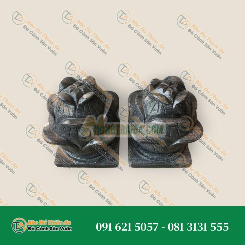 Cặp búp sen đá trang trí đá cẩm thạch vân đen đế vuông – Cao 25cm