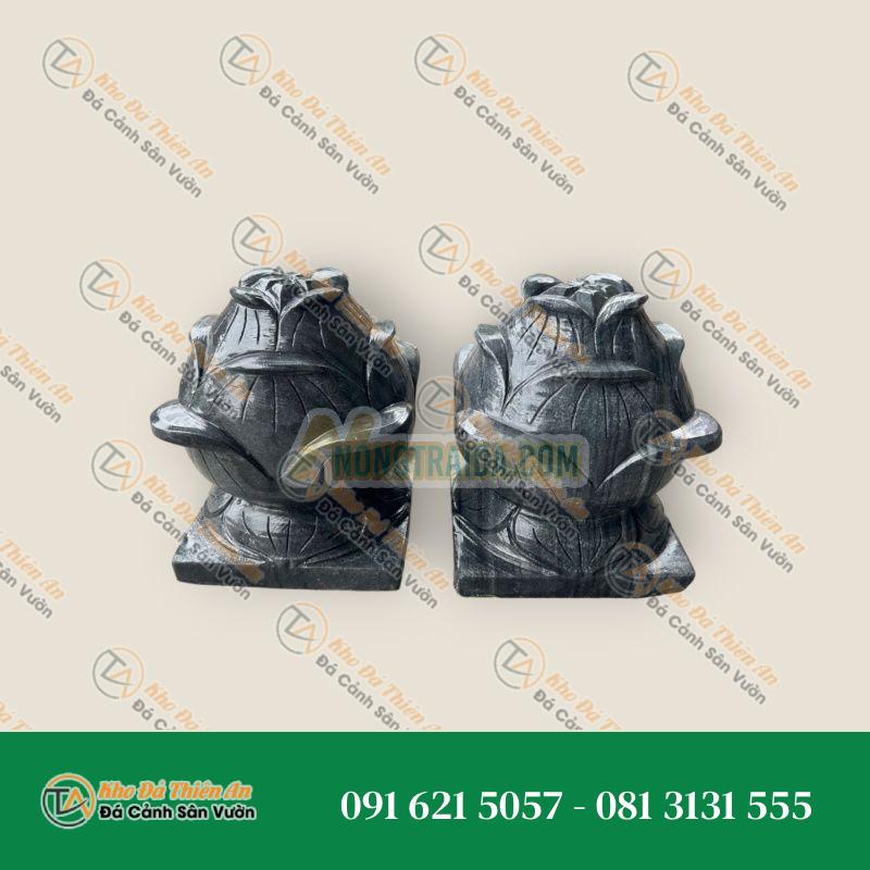 Cặp búp sen đá trang trí đá cẩm thạch vân đen đế vuông trang trí mộ, đền thờ – Cao 30cm