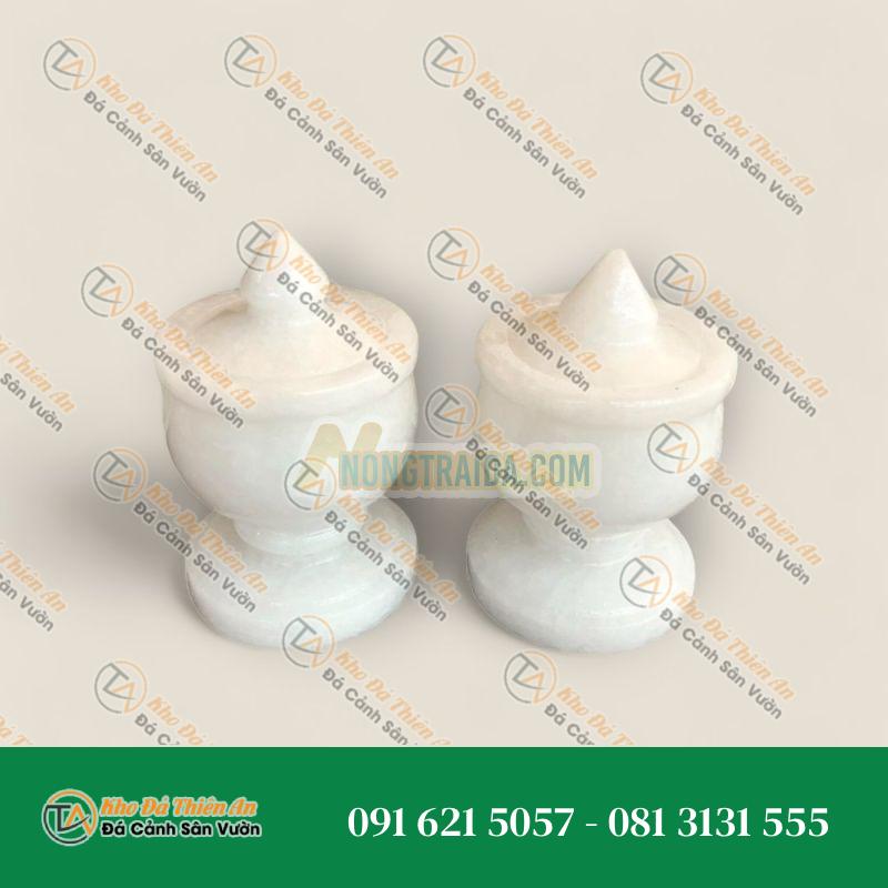 Cặp hũ đựng muối, gạo thờ cúng đặt bàn thờ đá cẩm thạch trắng