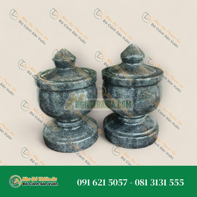 Cặp hũ đựng muối, gạo thờ cúng đặt bàn thờ đá cẩm thạch vân đen