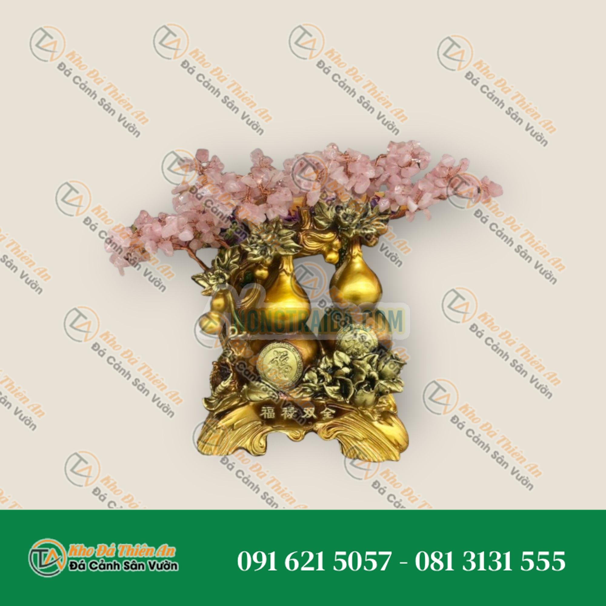 Cây tài lộc bầu hồ lô phong thủy đá thạch anh hồng trang trí bàn thờ thần tài, bàn làm việc – Cao 28cm