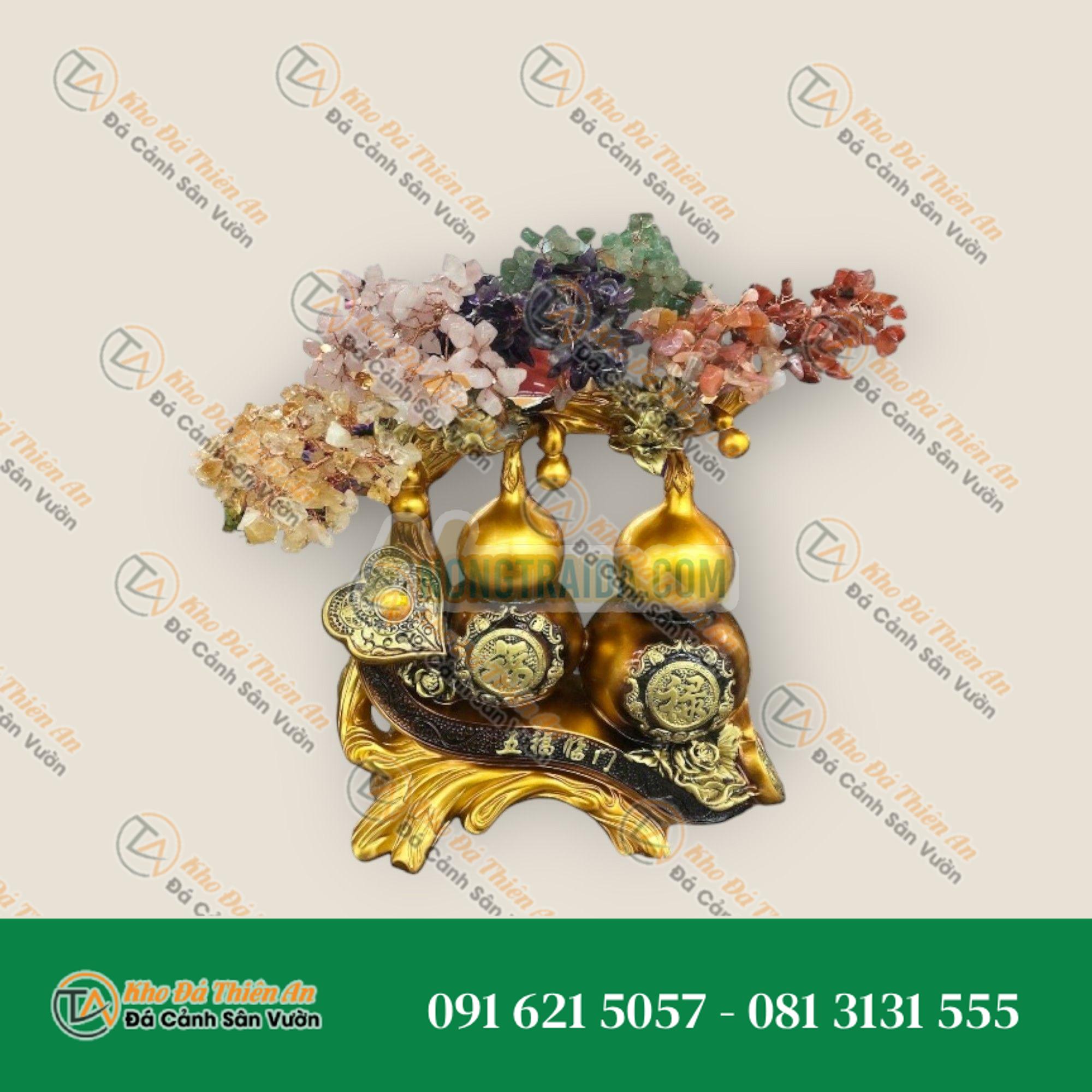 Cây tài lộc bầu hồ lô phong thủy đá thạch anh ngũ sắc trang trí bàn thờ thần tài, bàn làm việc – Cao 34cm