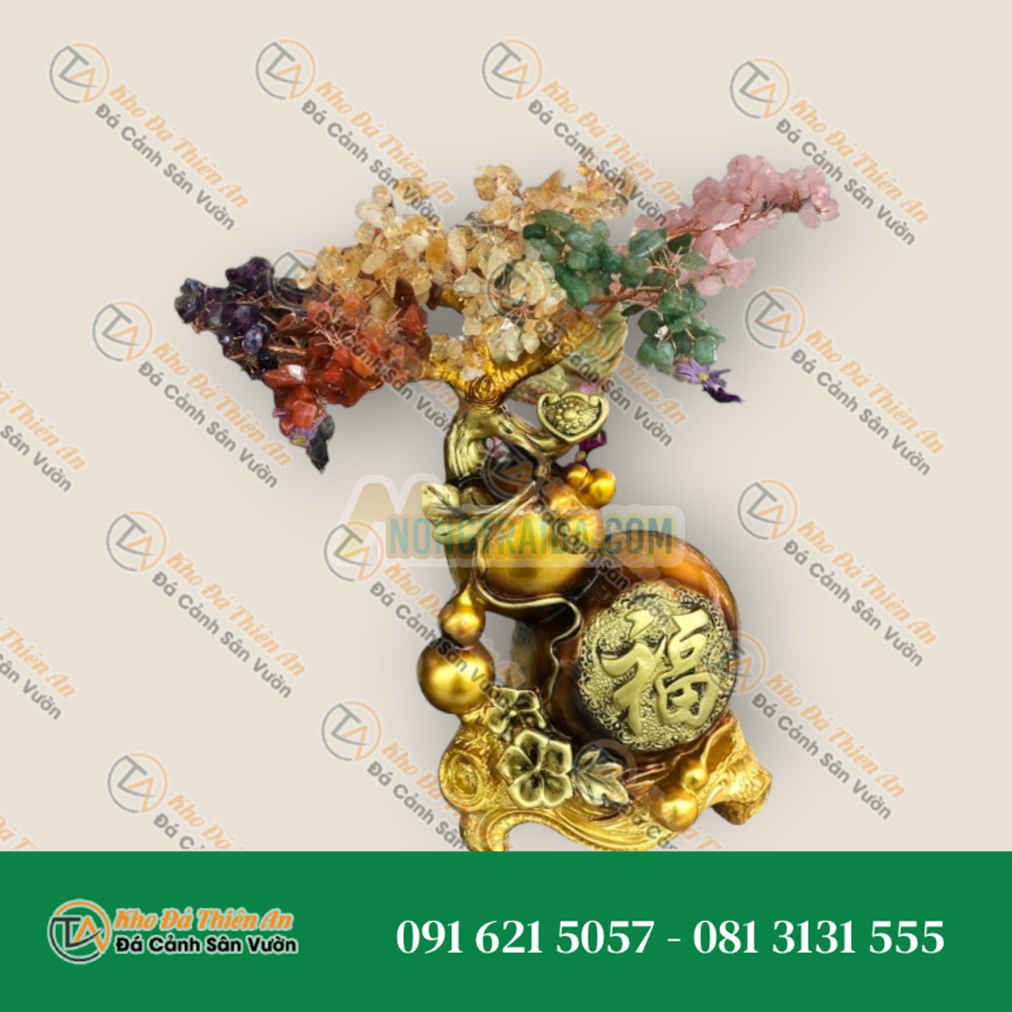 Cây tài lộc bầu hồ lô phong thủy đá thạch anh ngũ sắc trang trí bàn thờ thần tài, bàn làm việc – Cao 35cm