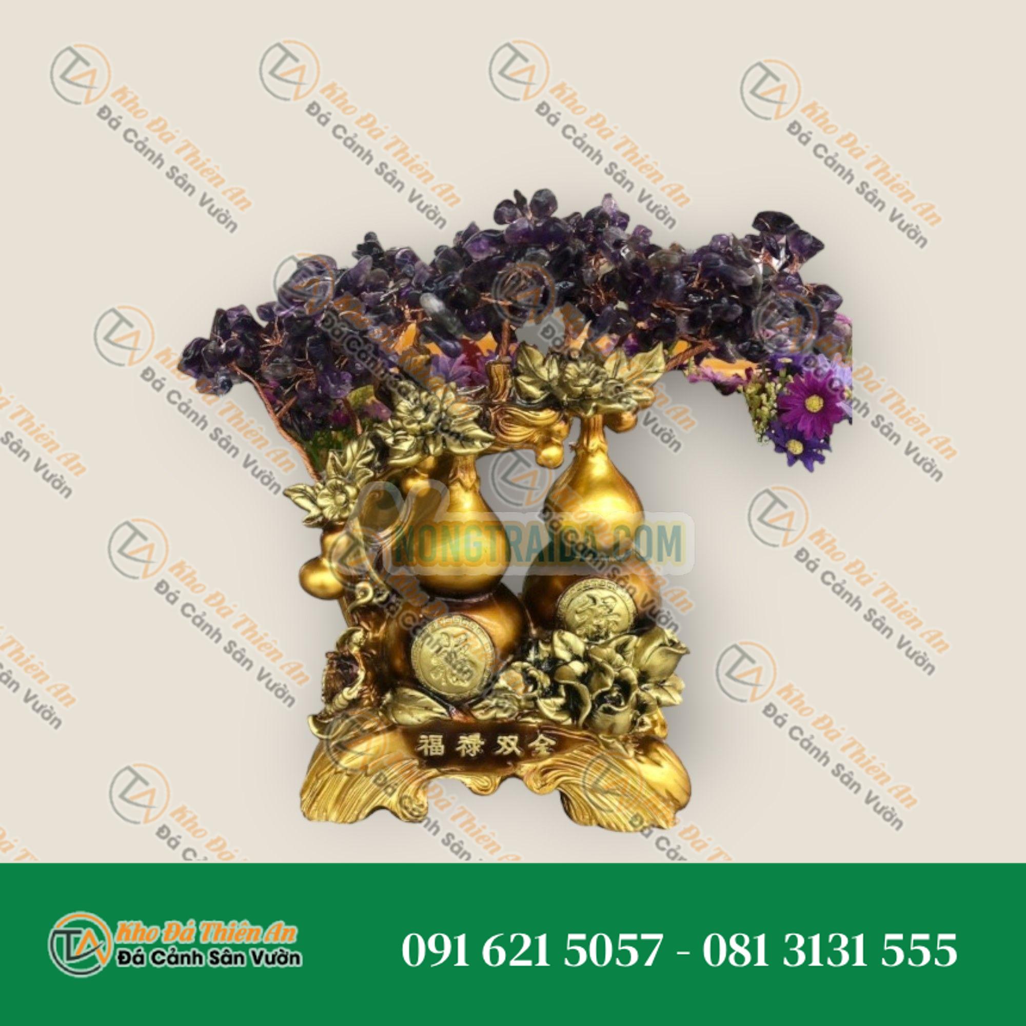 Cây tài lộc bầu hồ lô phong thủy đá thạch anh tím trang trí bàn thờ thần tài, bàn làm việc – Cao 28cm