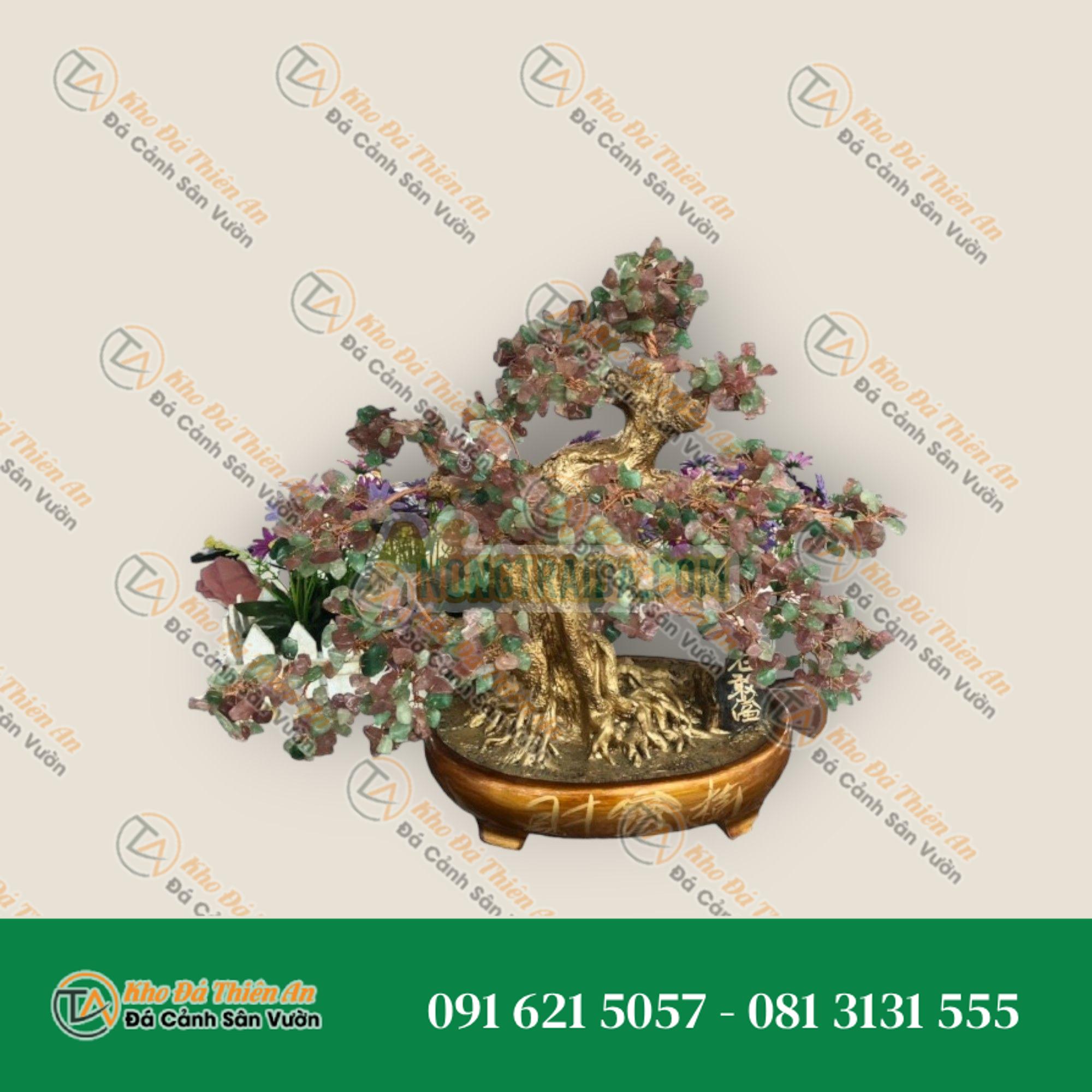 Cây tài lộc bonsai phong thủy đá thạch anh dâu tây đỏ và xanh – Cao 40cm