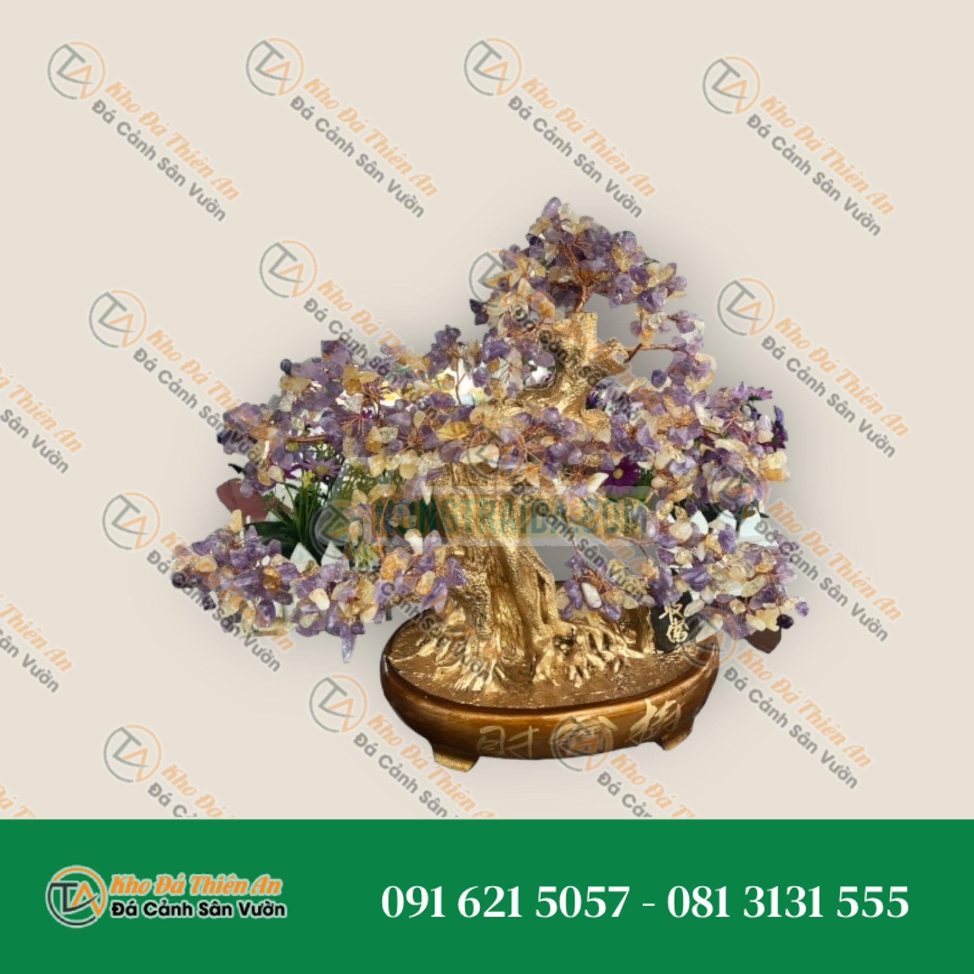 Cây tài lộc bonsai phong thủy đá thạch anh tím và vàng – Cao 40cm