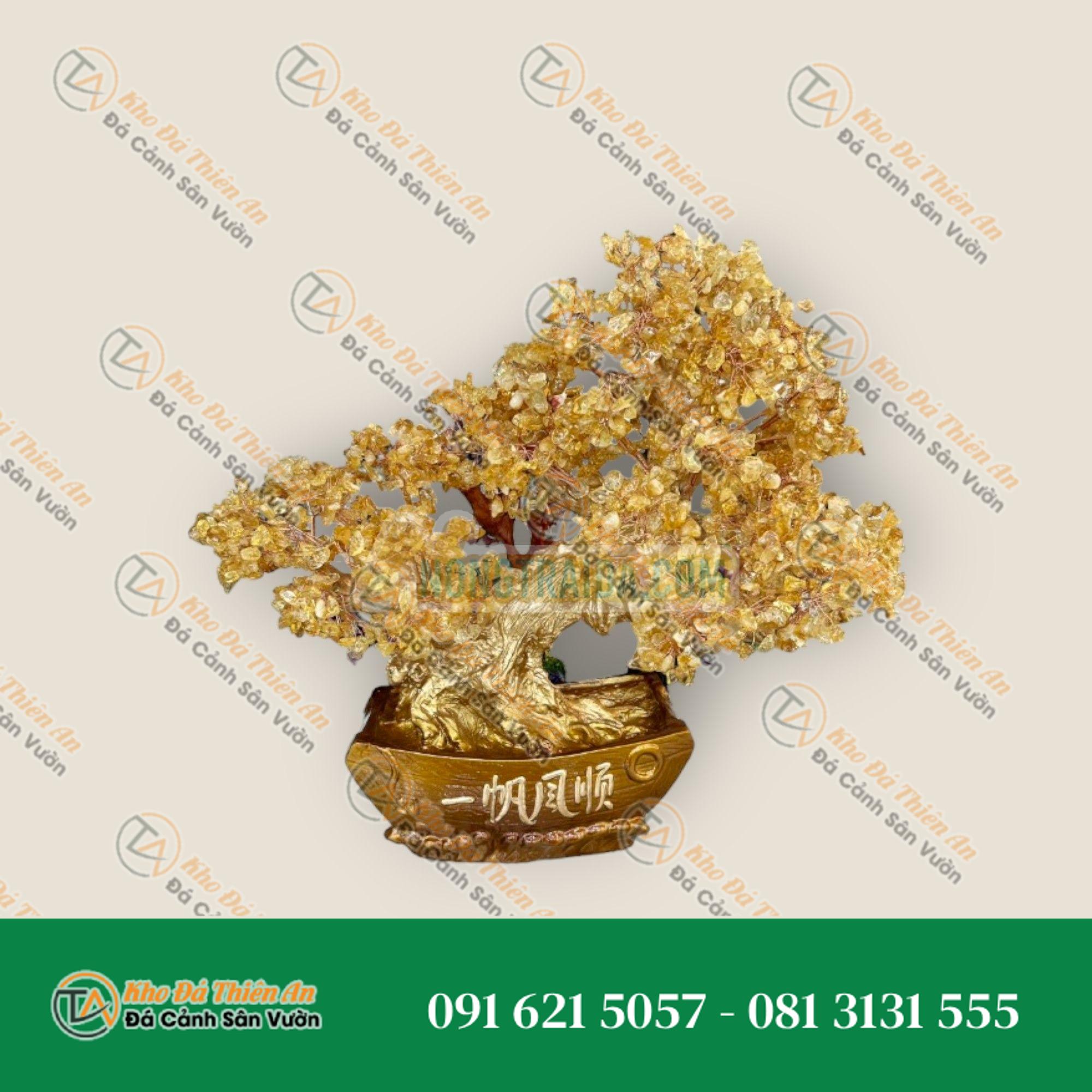Cây tài lộc bonsai phong thủy đá thạch anh vàng – Cao 50cm