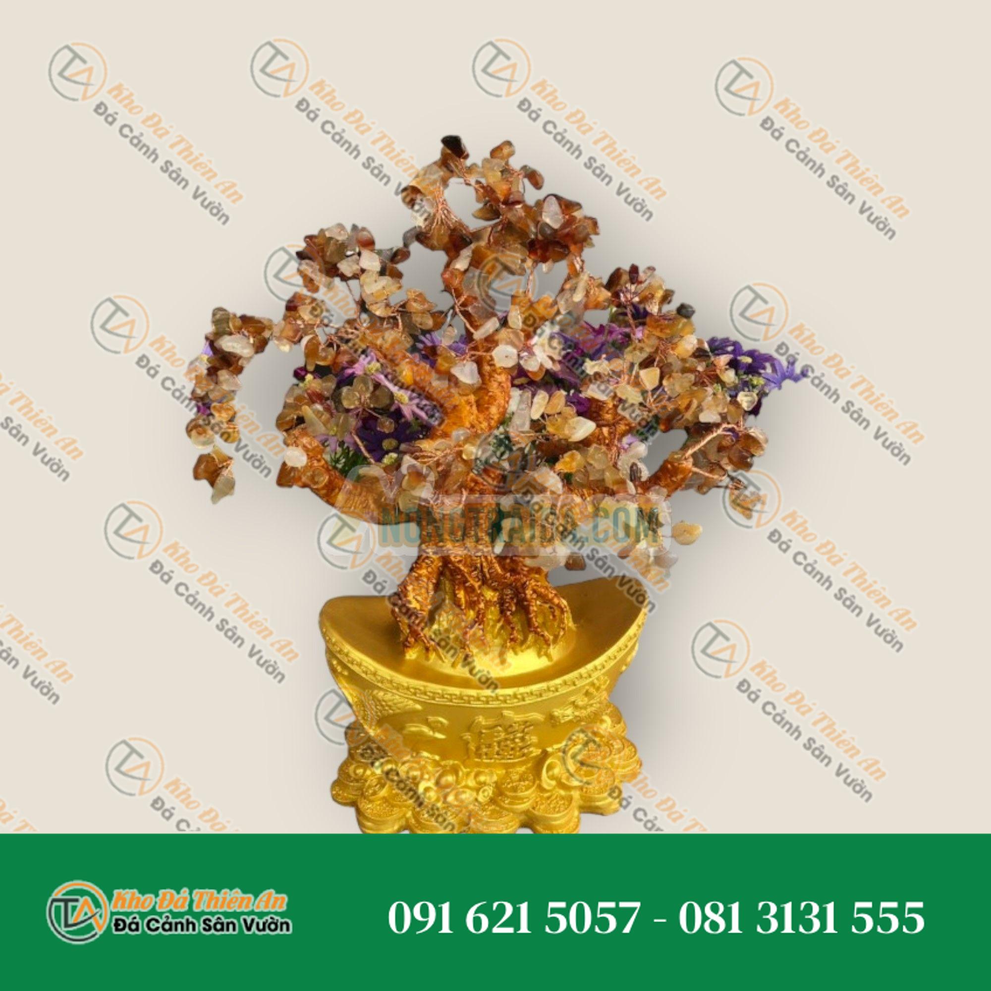 Cây Tài Lộc phong thủy đá mã não đỏ với đế hình thỏi vàng để bàn làm việc, bàn thờ thần tài – Cao 30cm