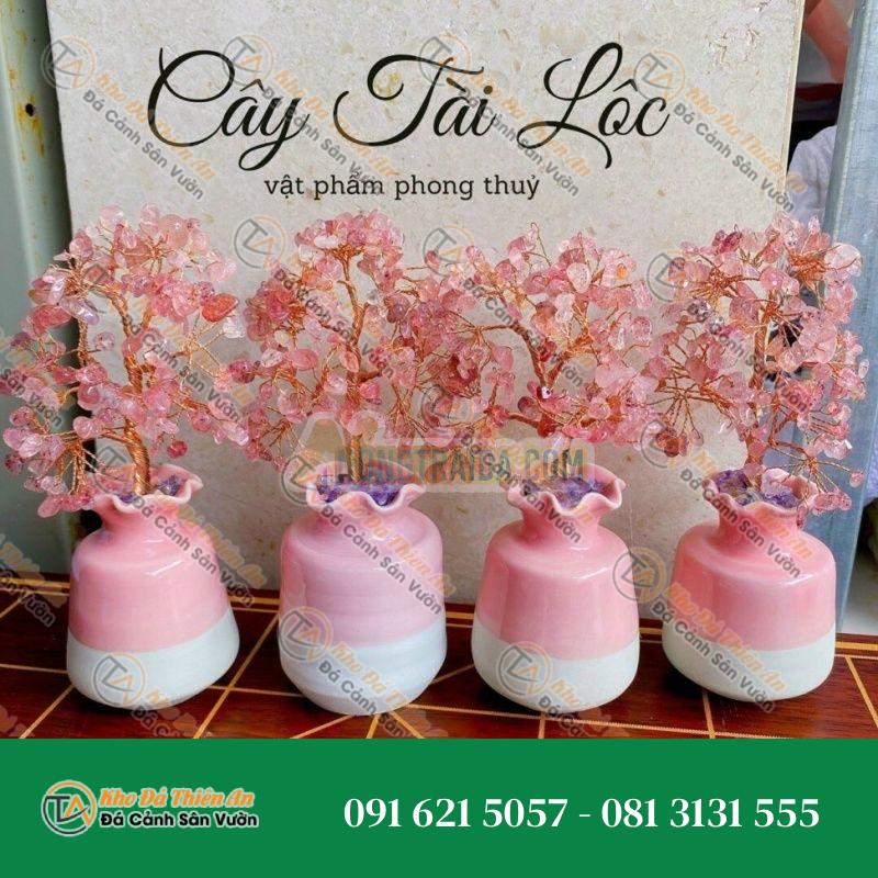 Cây tài lộc phong thủy đá thạch anh hồng đặt bàn làm việc