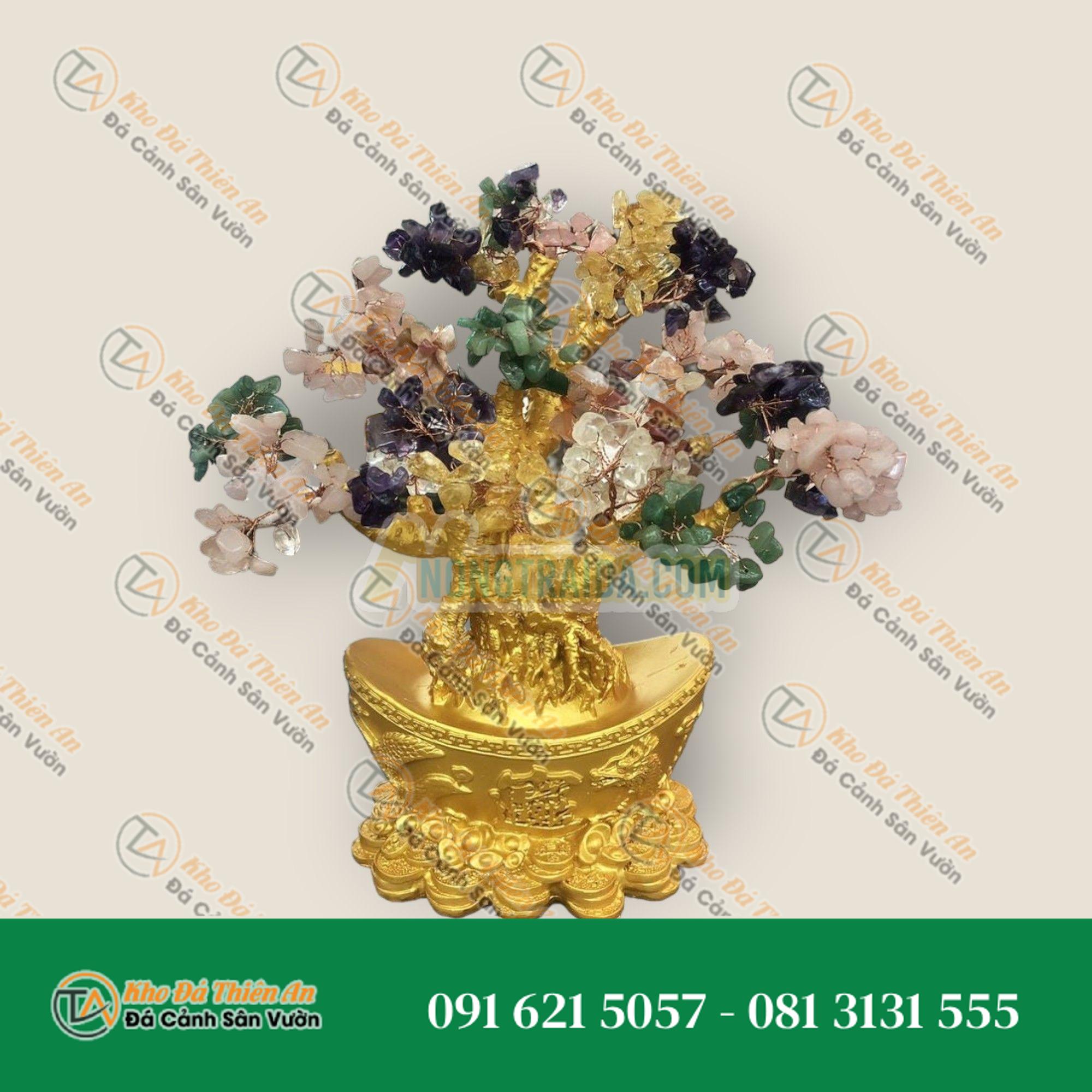 Cây Tài Lộc phong thủy đá thạch anh ngũ sắc với đế hình thỏi vàng để bàn làm việc, bàn thờ thần tài – Cao 30cm