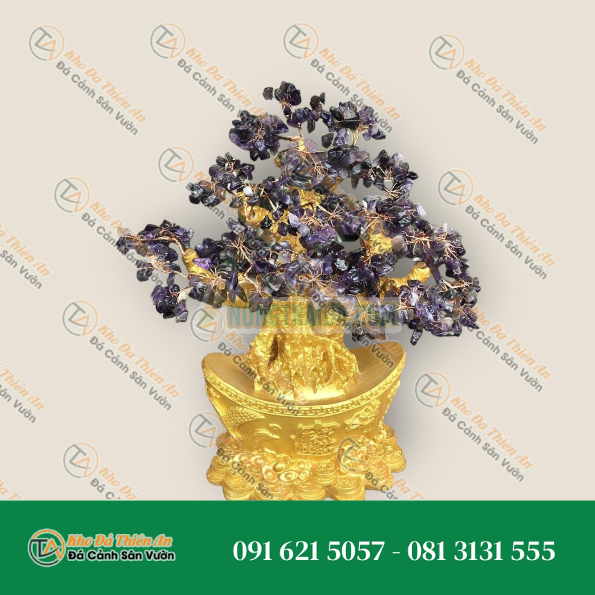 Cây Tài Lộc phong thủy đá thạch anh tím với đế hình thỏi vàng để bàn làm việc, bàn thờ thần tài – Cao 30cm