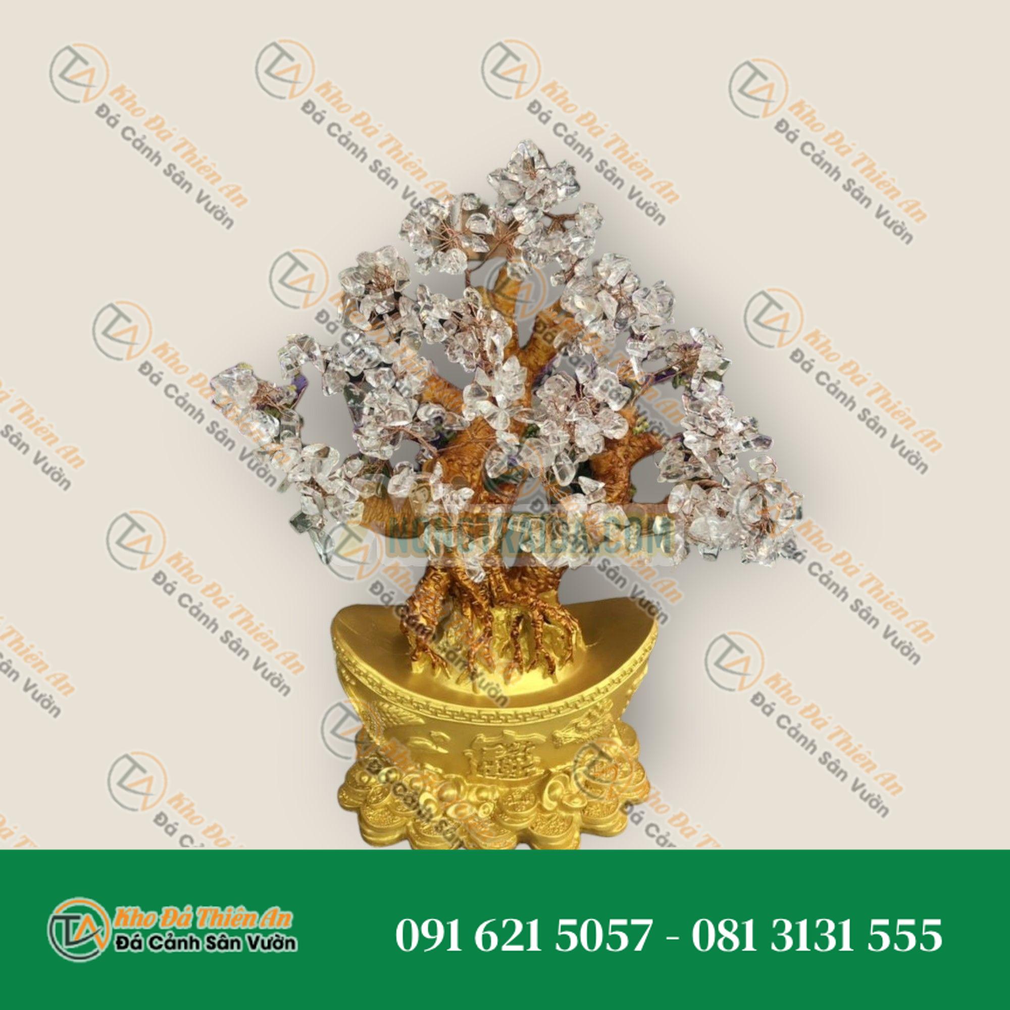 Cây Tài Lộc phong thủy đá thạch anh trắng với đế hình thỏi vàng để bàn làm việc, bàn thờ thần tài – Cao 30cm