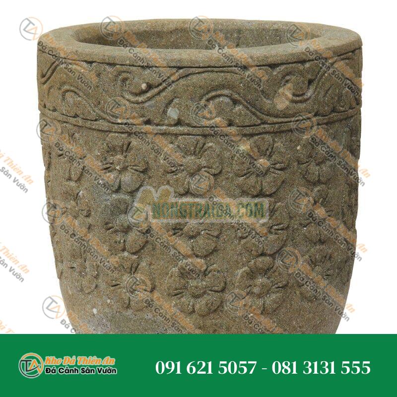 Chậu cây đá 50cm, với họa tiết phức tạp, được điêu khắc thủ công từ đá bazan