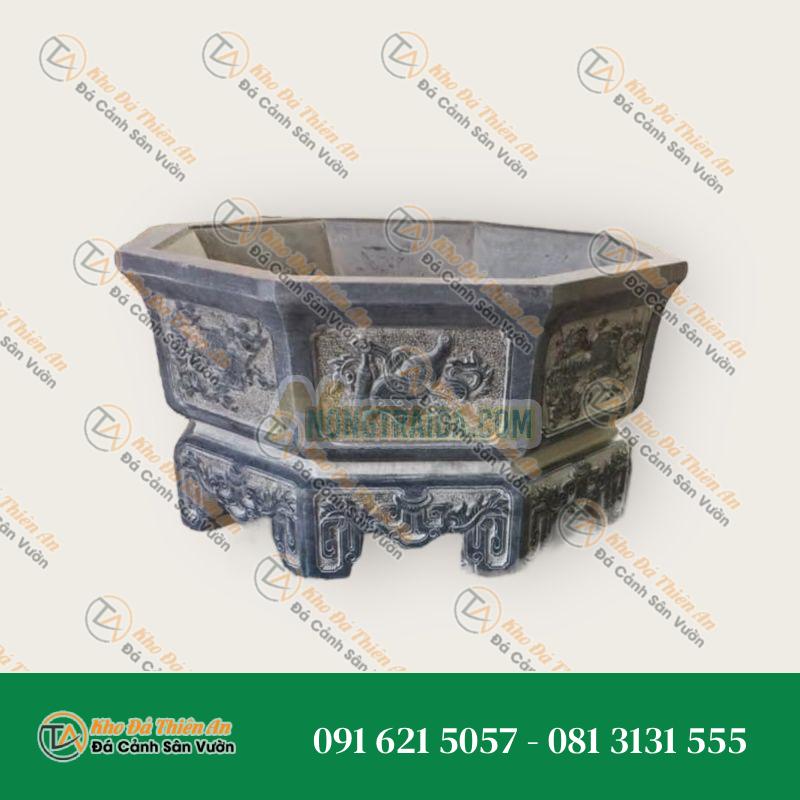 Chậu đá trồng cây bonsai 6 cạnh, đá đen, 55x43cm