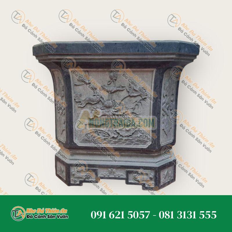 Chậu đá trồng cây bonsai 6 cạnh, khắc hoa sen, 65x65x70 (Sao chép)