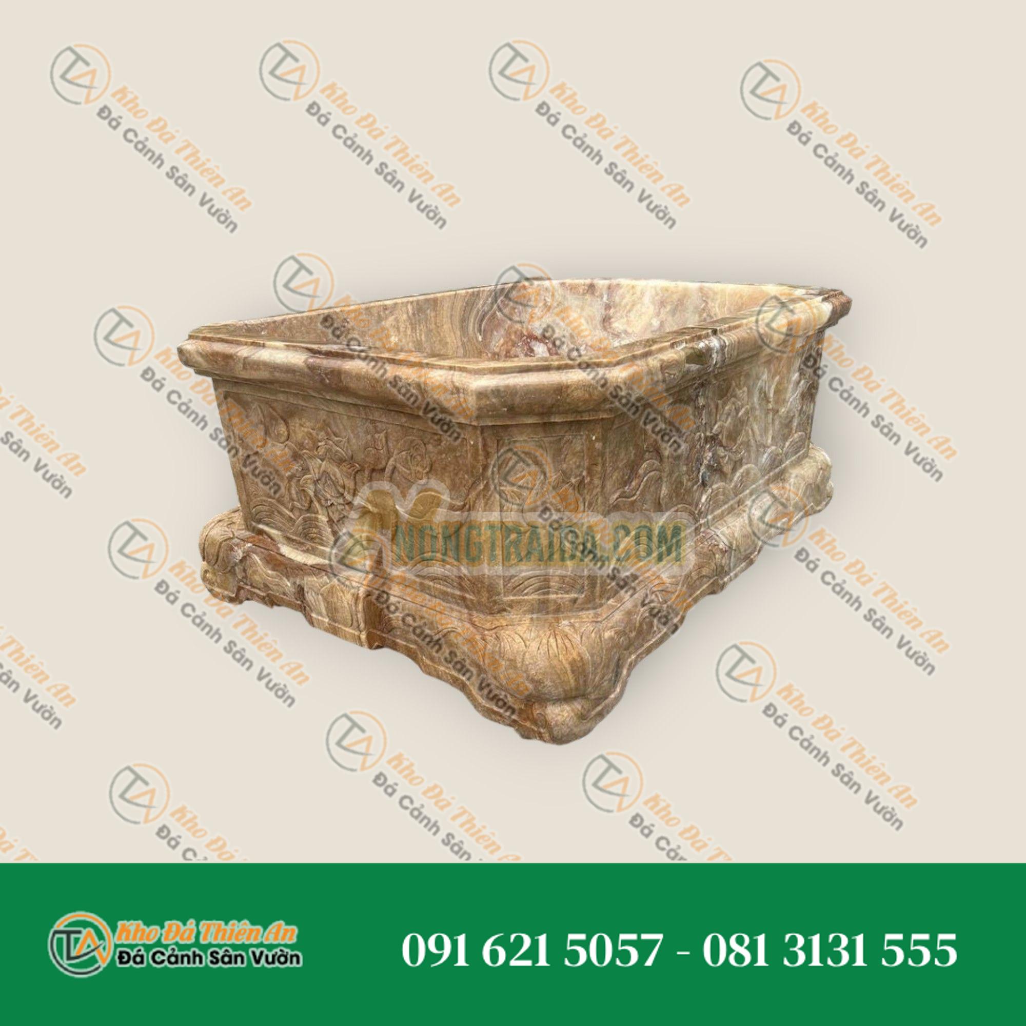 Chậu đá trồng cây bonsai đá cẩm thạch vân gỗ chạm khắc siêu VIP