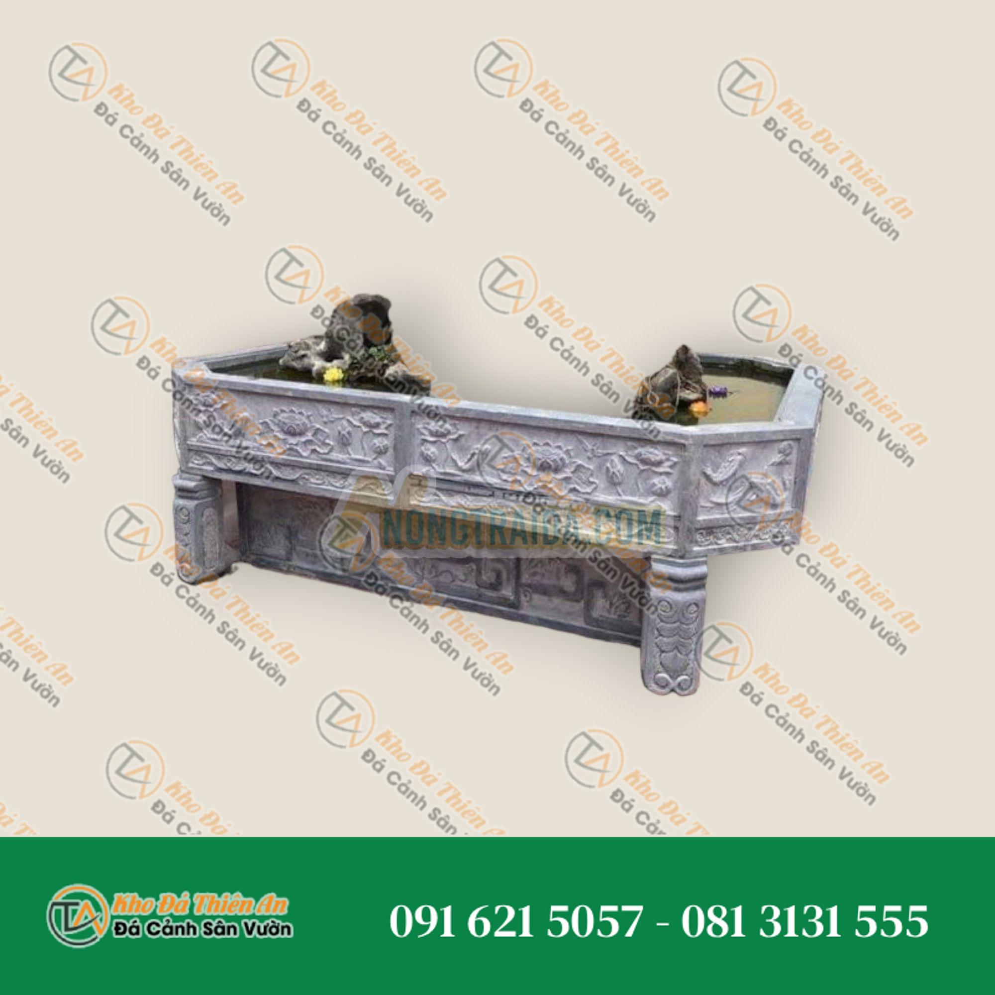 Chậu đá trồng cây bonsai, đá xanh đen, 165x115x75cm, chạm cổ thụ