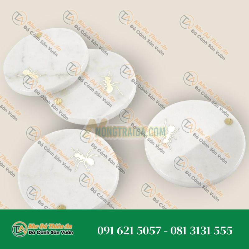 Đế lót ly vuông, khảm đồng kiến vàng carrara trắng, đồ sưu tầm