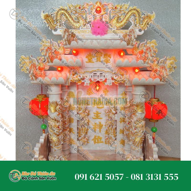 Đền thờ Thần ông địa kích thước 32cm 4 cột, 5 mái, 8 cá, 8 hồng, 8 rồng, đá màu vàng